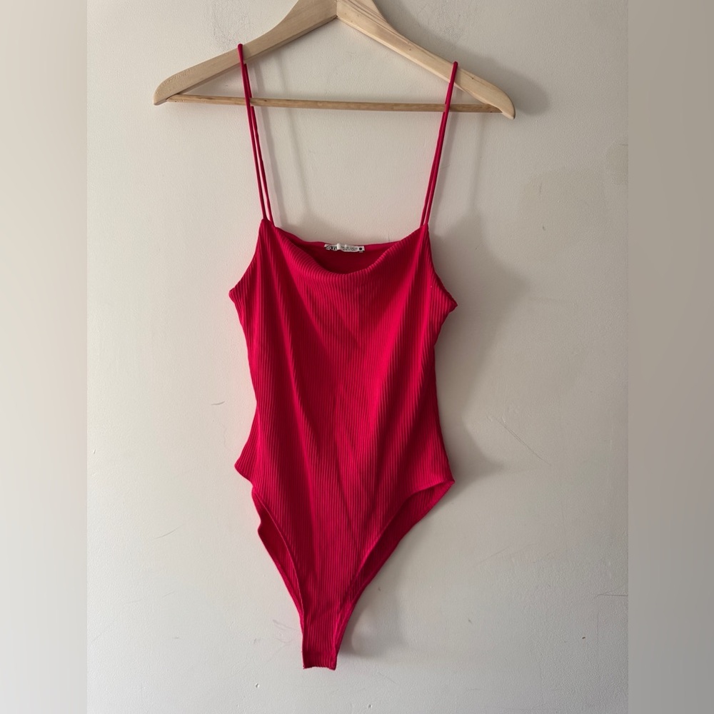 Zara Hot Pink Ribbed Bodysuit‎ Spaghetti  Straps